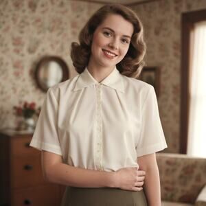 Vintage 1940s Pearl Button Front Volup Blouse Cream Short Sleeve Dacron Fabric